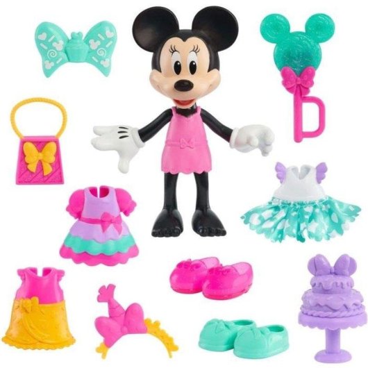 Muñeca Articulada Disney Minnie Mouse Sweet Party 15 cm Set 10 Accesorios y Estuche Rosa