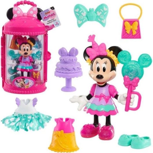 Muñeca Articulada Disney Minnie Mouse Sweet Party 15 cm Set 10 Accesorios y Estuche Rosa
