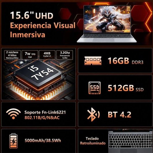 Portátil Moacreto Yepbook Ul156 15.6" Intel Core i5-7Y54 16GB 512GB SSD Windows 11 Pro