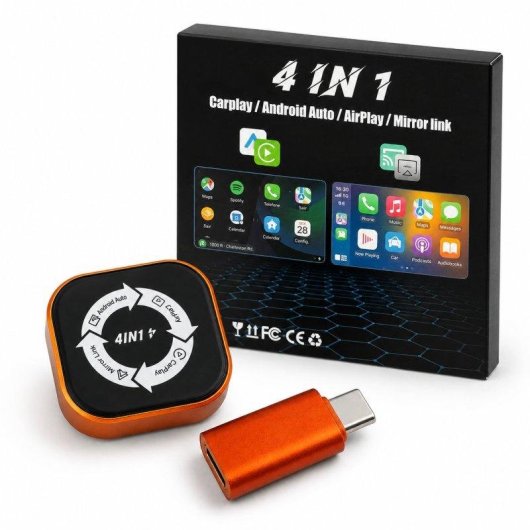 Adaptador inalámbrico Karawan 4 en 1 CarPlay Android Auto USB-C AirPlay MirrorLink Naranja