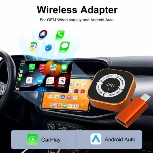 Adaptador inalámbrico Karawan 4 en 1 CarPlay Android Auto USB-C AirPlay MirrorLink Naranja