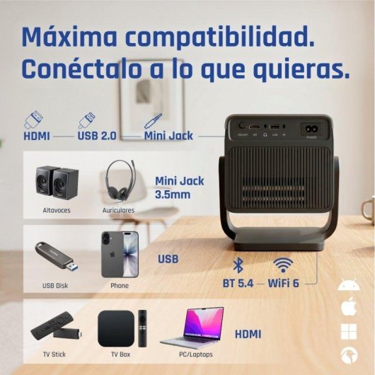 Proyector iggual FullHD 800 Lúmenes 150" Lámpara LCD Smart WiFi 6 BT Portátil + Pantalla