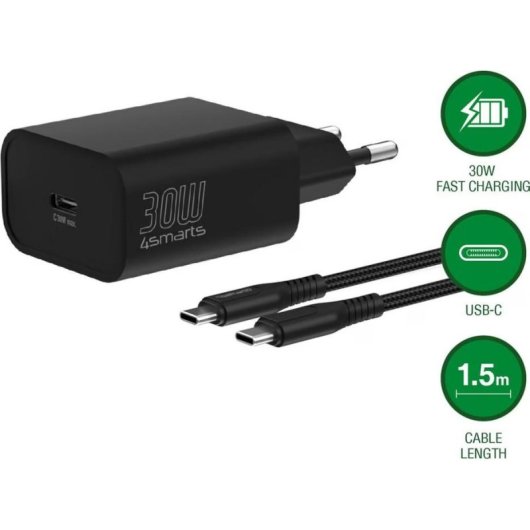 Caricatore USB-C 4smarts 30W Power Delivery 3.0 con cavo 1,5 m