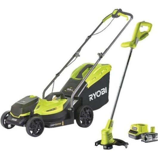 Kit combo Ryobi ONE+ 18V Rasenmäher 33 cm + Freischneider 2 in 1 Mulching 250 m²