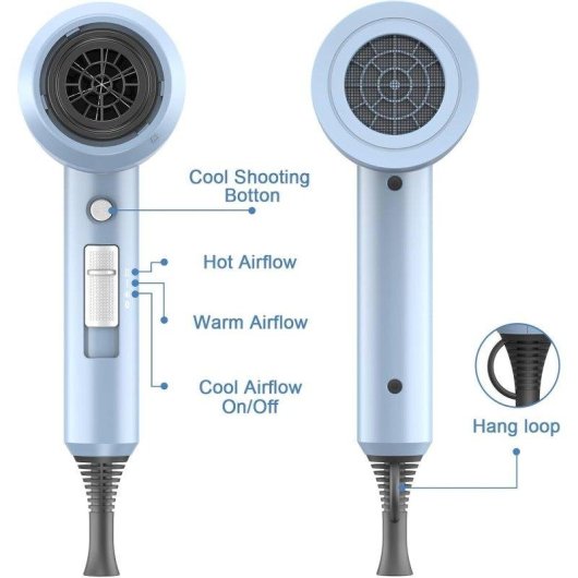 Secador de Pelo Iónico Profesional Dam Electronics 1800W 2 Velocidades 2 Temperaturas Azul Motor AC