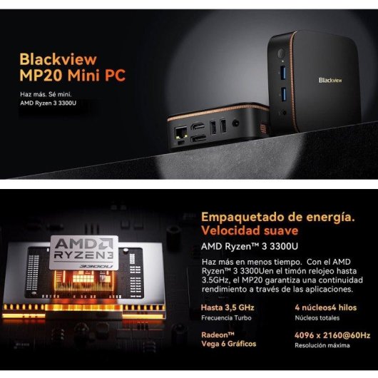 Mini PC Blackview MP20 AMD Ryzen 3 3300U 16GB 512GB SSD Vega 6 Windows 11 Pro Schwarz