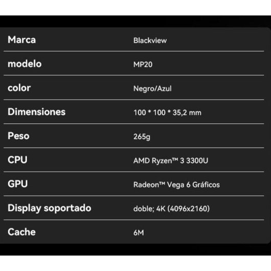 Mini PC Blackview MP20 AMD Ryzen 3 3300U 16GB 512GB SSD Vega 6 Windows 11 Pro Schwarz