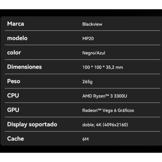 Mini PC Blackview MP20 AMD Ryzen 3 3300U 16GB 512GB SSD Vega 6 Windows 11 Pro Schwarz