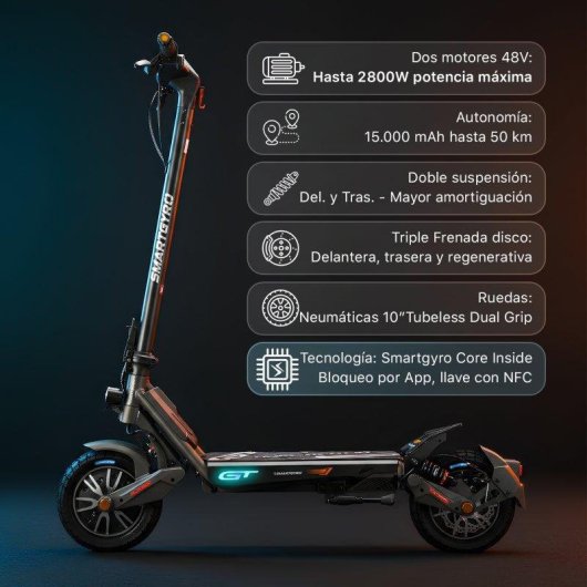 Patinete eléctrico Smartgyro Rockway GT Dual 1000W Autonomía 50km Ruedas 10" Negro