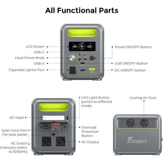 Estação de energia Fossibot F1200 1024Wh 7 portas Bateria LiFePO4 Carregamento rápido