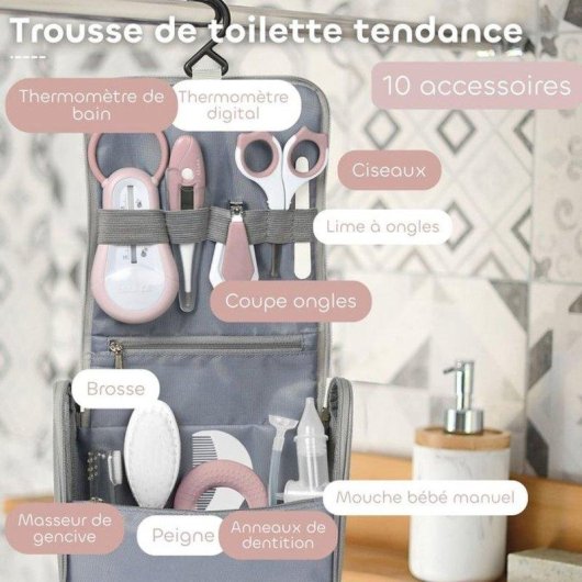 Necessaire Bambino Beaba 10 Accessori Igiene Grigio Vieux Rose
