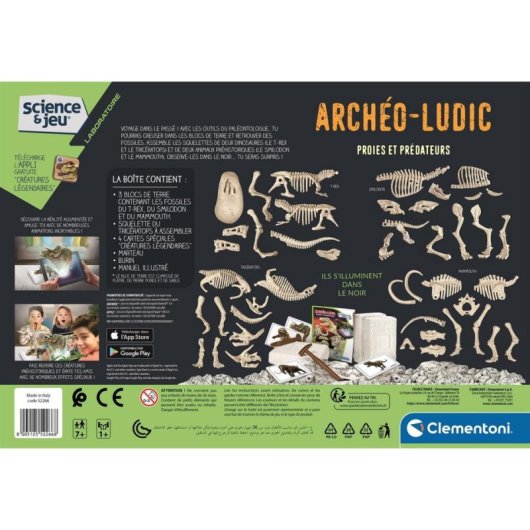 Kit de ciencia paleontológica Clementoni Archéo Ludic Proies y Predadores 4 fósiles fosforescentes