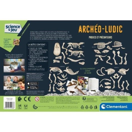 Kit de ciencia paleontológica Clementoni Archéo Ludic Proies y Predadores 4 fósiles fosforescentes