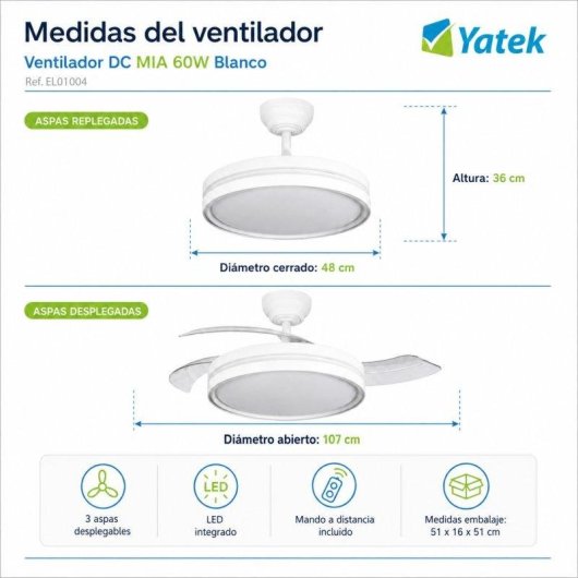 Deckenventilator mit Licht Yatek Mia 60W 107cm 6 Stufen Einklappbare Flügel Fernbedienung