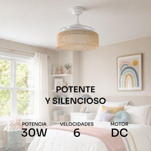 Ventilador de Techo con Luz Mellerware Rattan Sand 30W 106cm 6 Velocidades Motor DC Aspas Retráctiles Silencioso Mando Temporizador Invierno-Verano