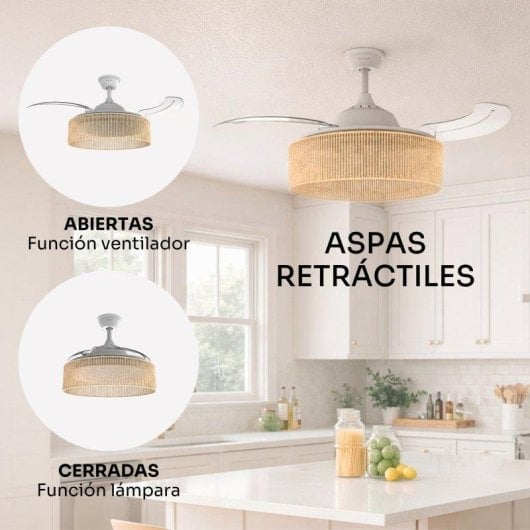 Ventilador de Techo con Luz Mellerware Rattan Sand 30W 106cm 6 Velocidades Motor DC Aspas Retráctiles Silencioso Mando Temporizador Invierno-Verano