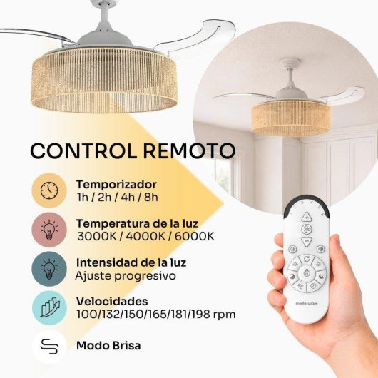 Ventilador de Techo con Luz Mellerware Rattan Sand 30W 106cm 6 Velocidades Motor DC Aspas Retráctiles Silencioso Mando Temporizador Invierno-Verano