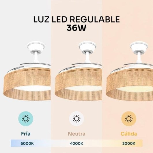 Ventilador de Techo con Luz Mellerware Rattan Sand 30W 106cm 6 Velocidades Motor DC Aspas Retráctiles Silencioso Mando Temporizador Invierno-Verano