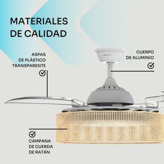 Ventilador de Techo con Luz Mellerware Rattan Sand 30W 106cm 6 Velocidades Motor DC Aspas Retráctiles Silencioso Mando Temporizador Invierno-Verano