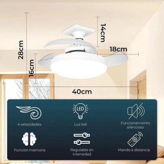 Ventoinha de Teto com Luz Karawan 40cm LED 4 Velocidades Pás Retráteis Comando