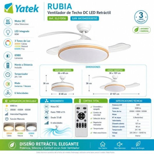 Ventilateur de Plafond avec Lumière Yatek Rubia 60W 107cm 6 Vitesses Pales Rétractables Télécommande