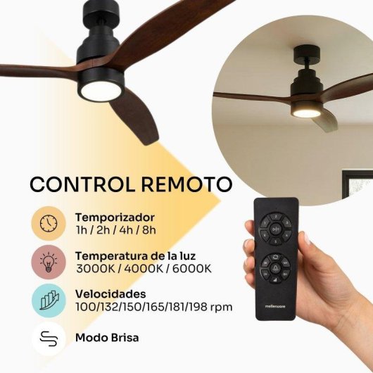 Ventilador de Techo con Luz Mellerware Brizy Bright 40W 132cm 6 Velocidades Motor DC Mando a Distancia
