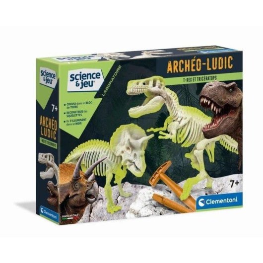 Kit excavación dinosaurios Clementoni Archéo Ludic T-Rex y Triceratops fosforescentes