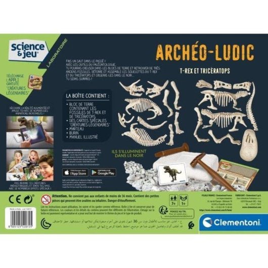 Kit excavación dinosaurios Clementoni Archéo Ludic T-Rex y Triceratops fosforescentes