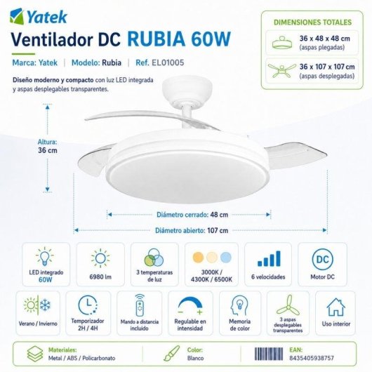Ventilateur de plafond avec lumière Yatek Rubia 60W 107cm Pales Rétractables 6 Vitesses Télécommande Moteur Silencieux