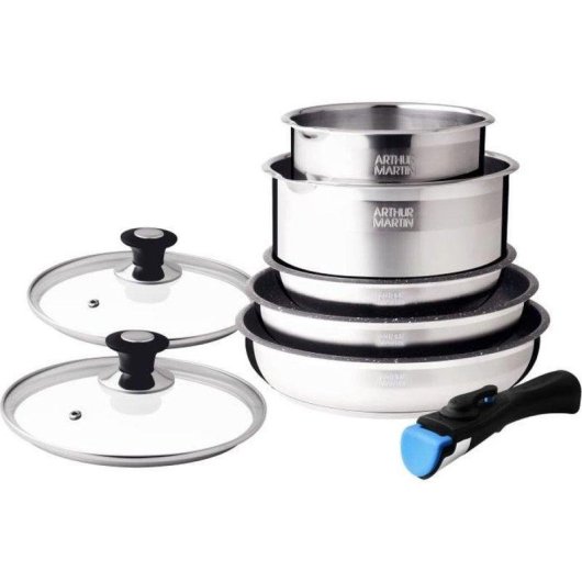 Set de cocina Arthur Martin AM2493 8 piezas acero inoxidable mango extraíble inducción