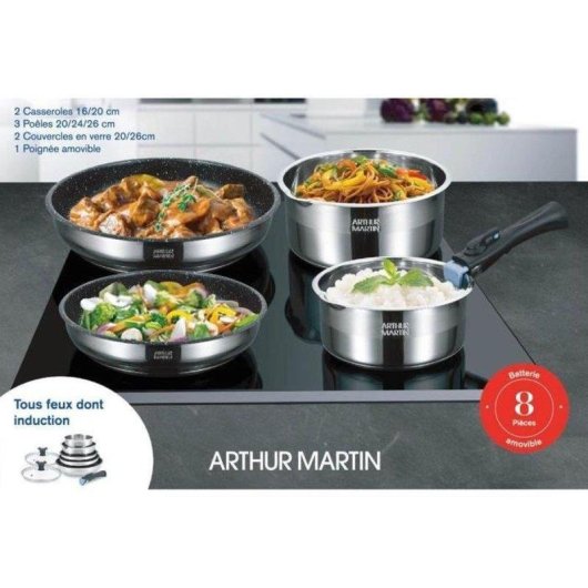 Set de cocina Arthur Martin AM2493 8 piezas acero inoxidable mango extraíble inducción