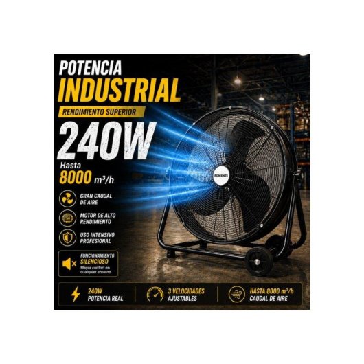 Ventilador Industrial Bilake 240W 3 Velocidades Alto Caudal con Ruedas y Cabezal Orientable