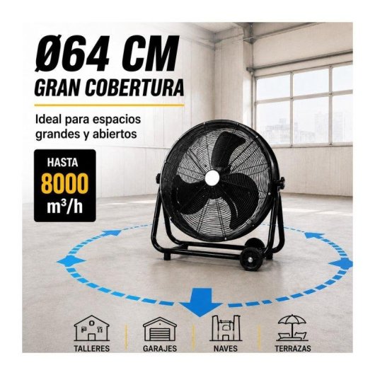 Ventilador Industrial Bilake 180W 64cm 3 Velocidades Cabezal Orientable con Ruedas
