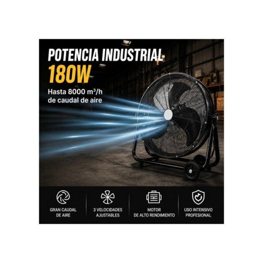 Ventilador Industrial Bilake 180W 64cm 3 Velocidades Cabezal Orientable con Ruedas