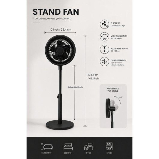 Standventilator Autrucker 85W 10'' 3 Stufen Oszillierend Leise Höhenverstellbar