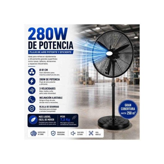 Ventilador de Pie Industrial Bilake Tormenta 280W 81cm Oscilante Altura Regulable Cabezal Orientable