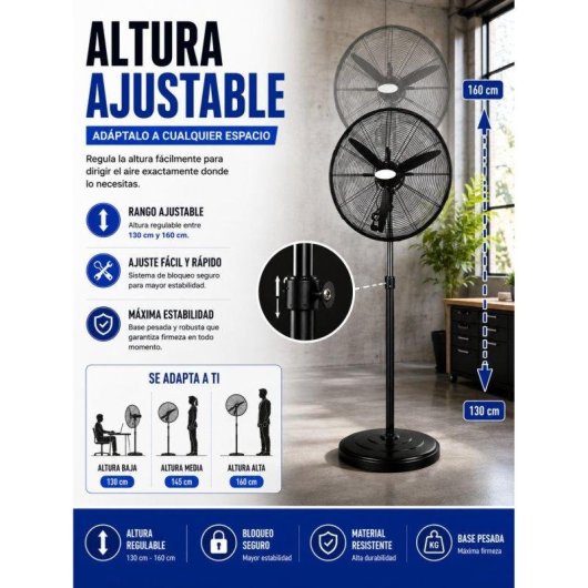 Ventilador de Pie Industrial Bilake Tormenta 280W 81cm Oscilante Altura Regulable Cabezal Orientable