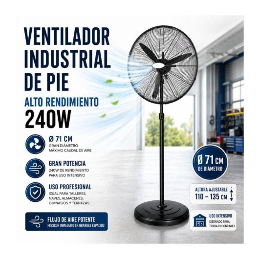 Ventilador de Pie Industrial Bilake Tormenta 240W 71cm 3 Velocidades Oscilante Altura Regulable