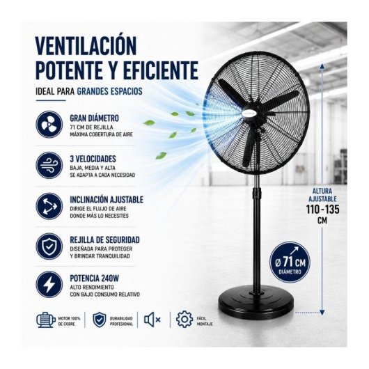 Ventilador de Pie Industrial Bilake Tormenta 240W 71cm 3 Velocidades Oscilante Altura Regulable