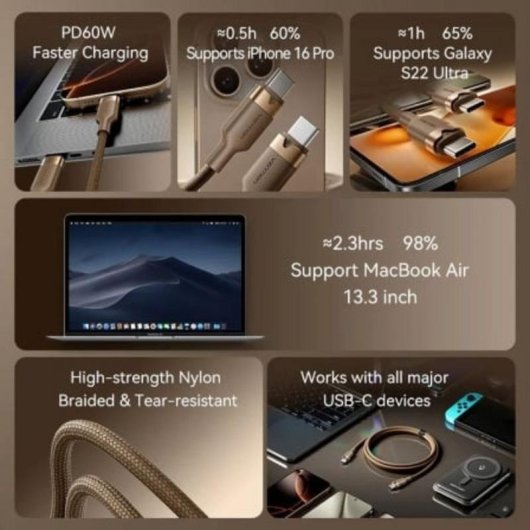 USB-C auf USB-C Kabel Vention TRDJF 60W 3A 1m USB 2.0 Braun