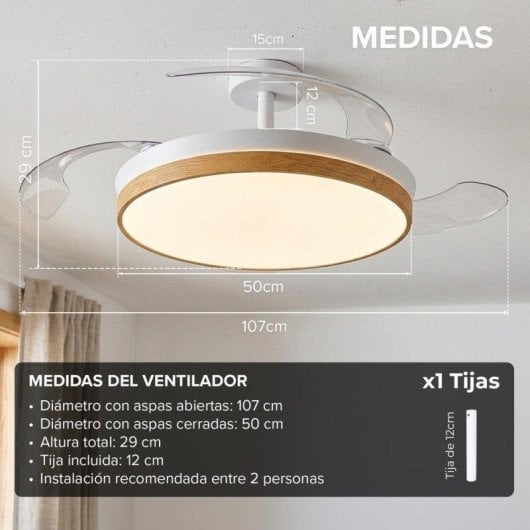 Ventoinha de Teto com Luz 3NOD Concept Nature Motor DC 6 Velocidades Pás Retráteis Comando