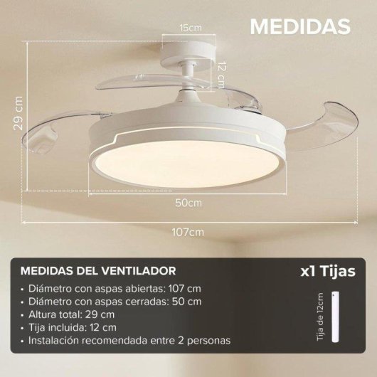 Ventoinha de Teto com Luz 3NOD Concept Ray Motor DC 6 Velocidades Pás Retráteis Comando