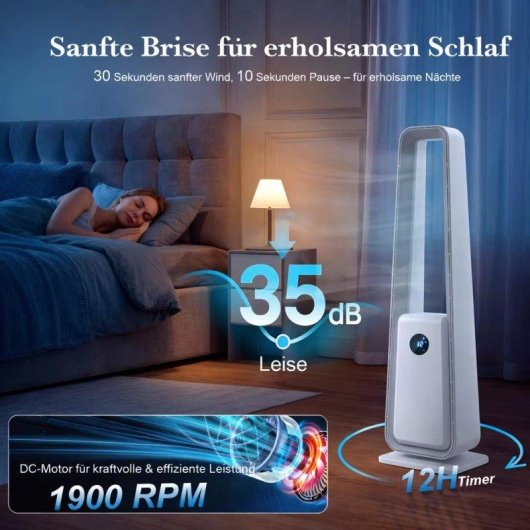 Coluna de Ar Sem Pás Autrucker Motor DC 24 Velocidades Temporizador 12h Oscilação 75° LED Branco
