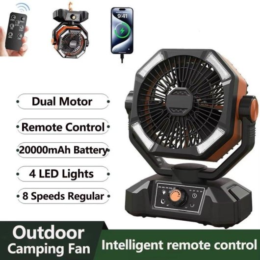 Mini Ventilatore Portatile Autrucker 20000mAh 8 Velocità LED Telecomando Arancione
