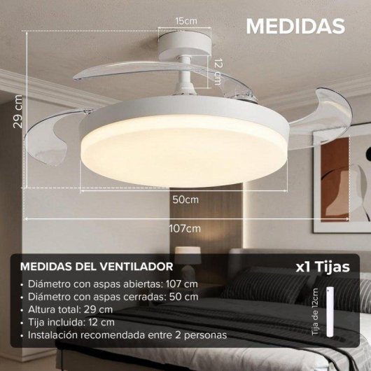 Ventoinha de Teto com Luz 3NOD Concept Ova Motor DC 6 Velocidades Pás Retráteis Comando