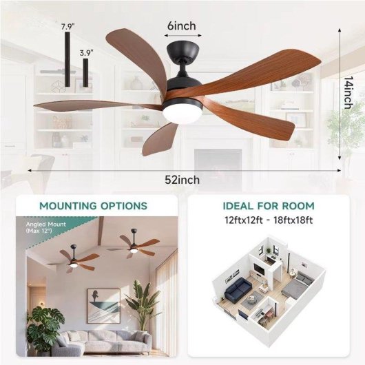 Ventilador de Techo con Luz Autrucker 30W 132cm 6 Velocidades Motor DC Silencioso Mando Reversible