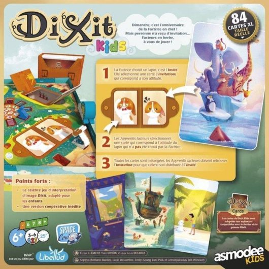 Juego de cartas Asmodee Dixit Kids 6 años 84 cartas XL 12 peones de madera