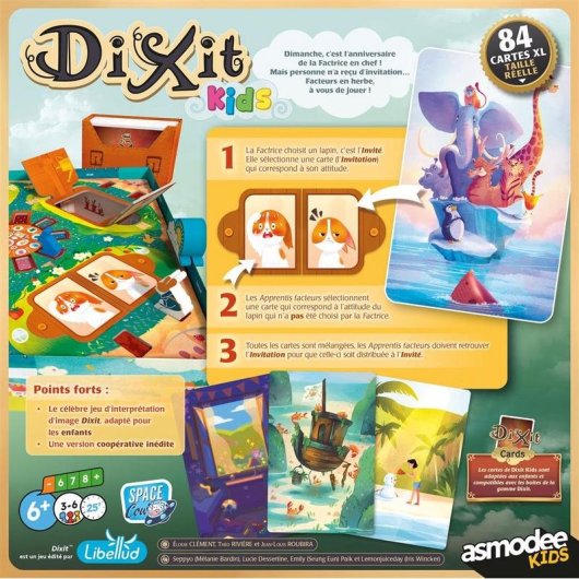 Juego de cartas Asmodee Dixit Kids 6 años 84 cartas XL 12 peones de madera