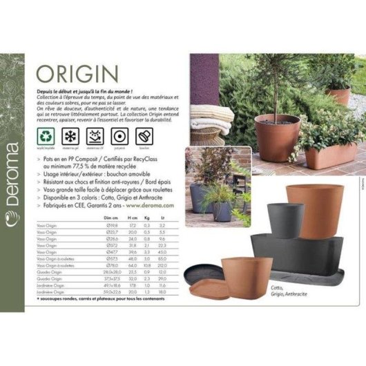 Pot Rond Deroma Origin 49L Antracite Plastique Recyclé Résistant Gel UV