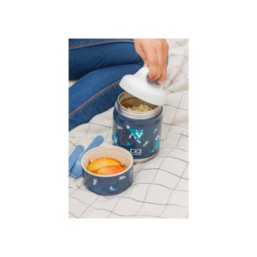Monbento Handy Wolf Fiambrera Térmica 2 Compartimentos 350 Ml + 150 Ml, Para Niño, Asas Ergonómica Y Cierre Hermético, Diseño Lobo Y Naturaleza, Azul
